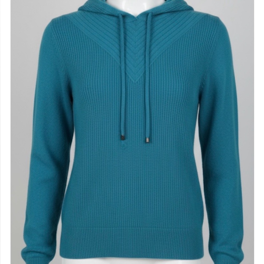 S. Christina 100% Cashmere Blue Waffle Knit Chevron Hoodie – Size S/M